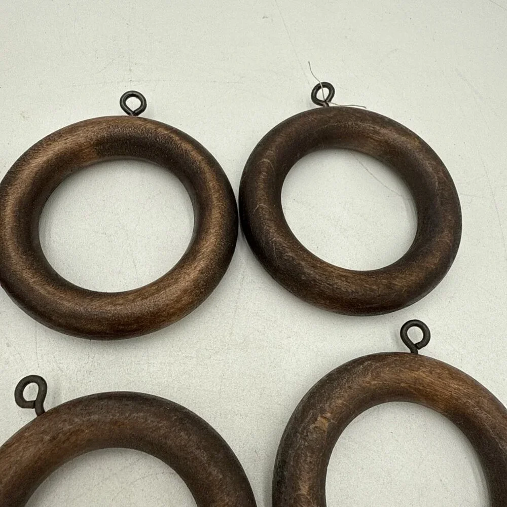 Solid Wood Curtain Rings Lot 10 Brown Drapery Rod Hooks 1.75